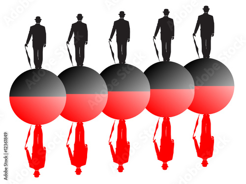 five  businessmen on globes