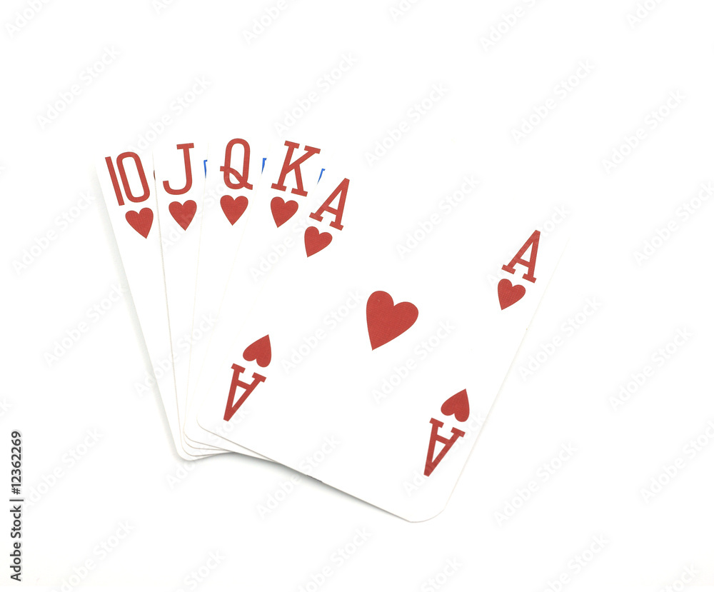 An unbeatable royal flush card hand in hearts.