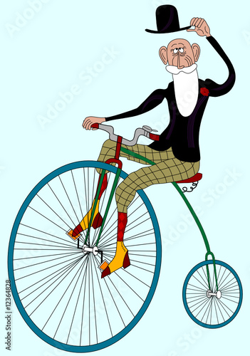 grandfather drive old bicycle on blue background