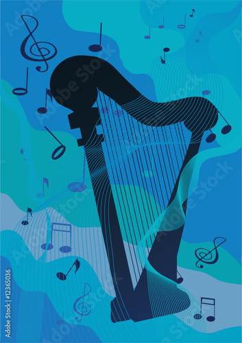 harp and note on blue background