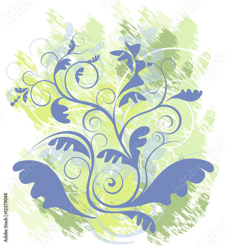 Vector illustration, green background with violet floral motives