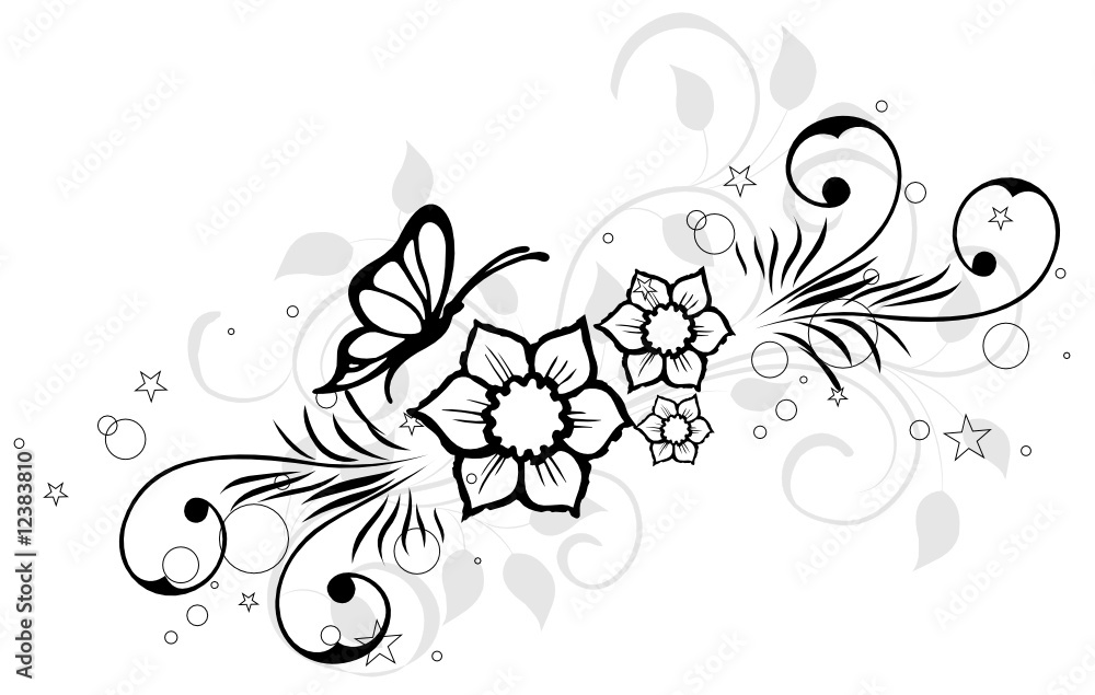 Obraz premium trois fleur et papillons noirs