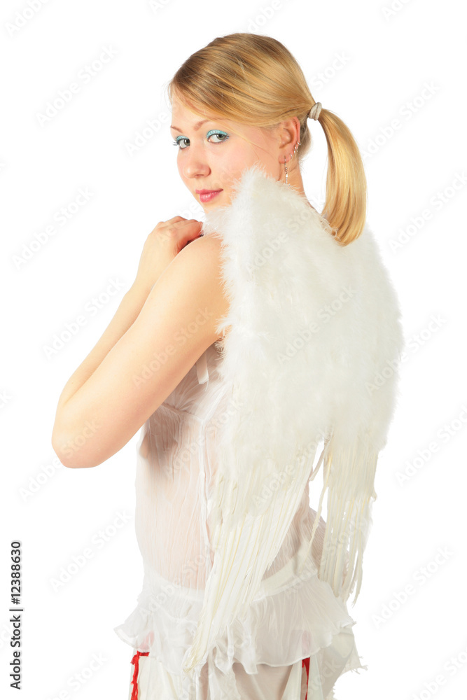 Turned back girl in angel's costume Turned back girl in angel's costume