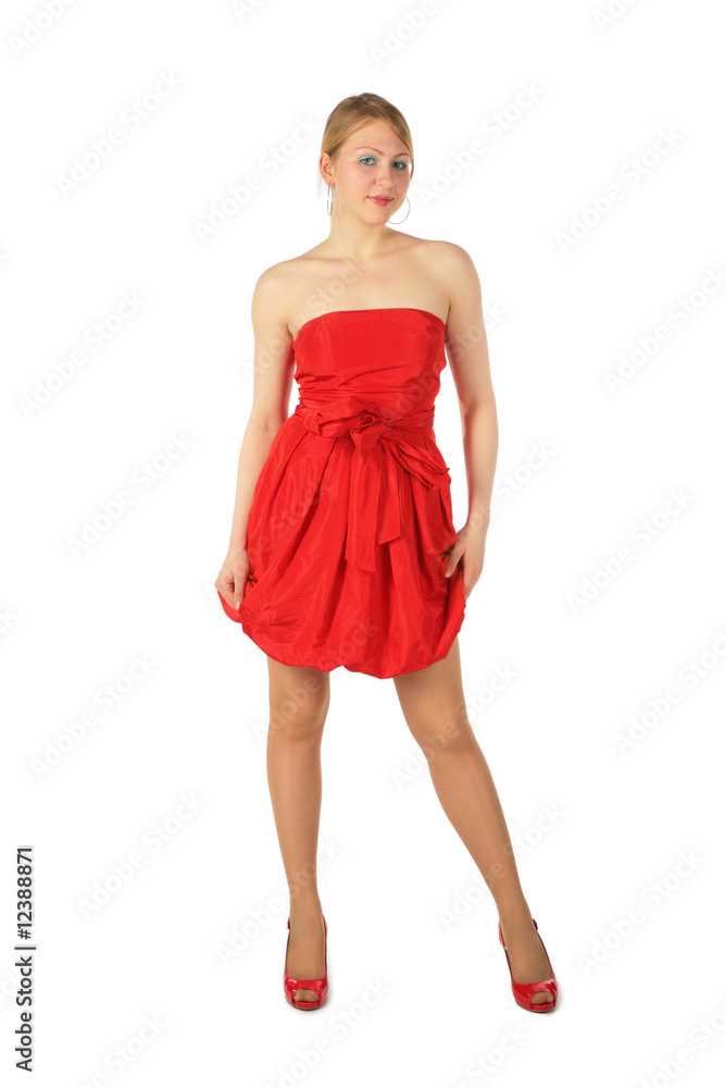 Young blonde girl in red dress and shoes
