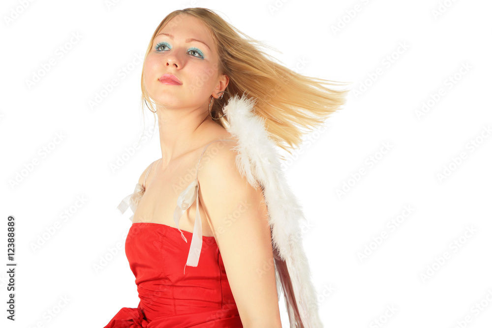 Blonde girl in red dress and angel's wings