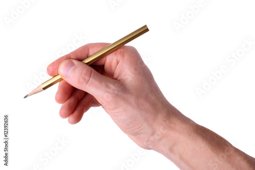 Hand holding pencil isolated on white