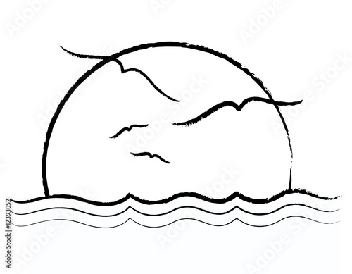 Stylistic Illustration of a Sunset with Seagulls