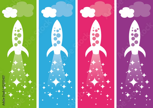 Flying rocket ships. Vector illustration.
