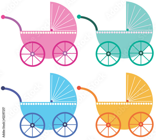vier farbige kinderwagen