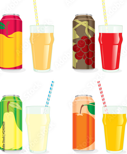 isolated juice cans and glasses