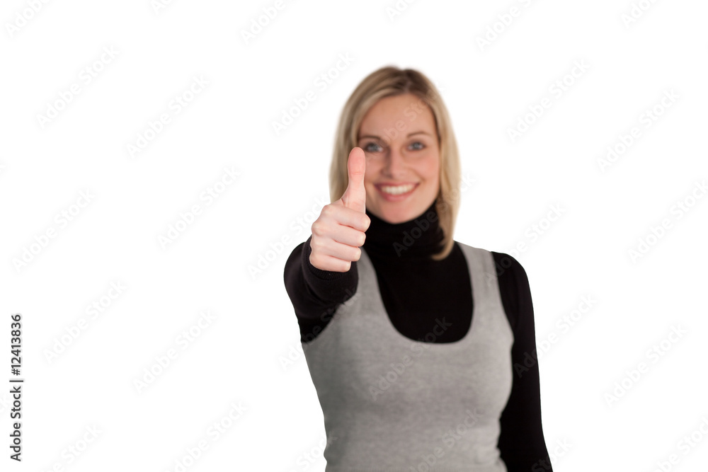Woman thumbs up to camera Woman thumbs up to camera