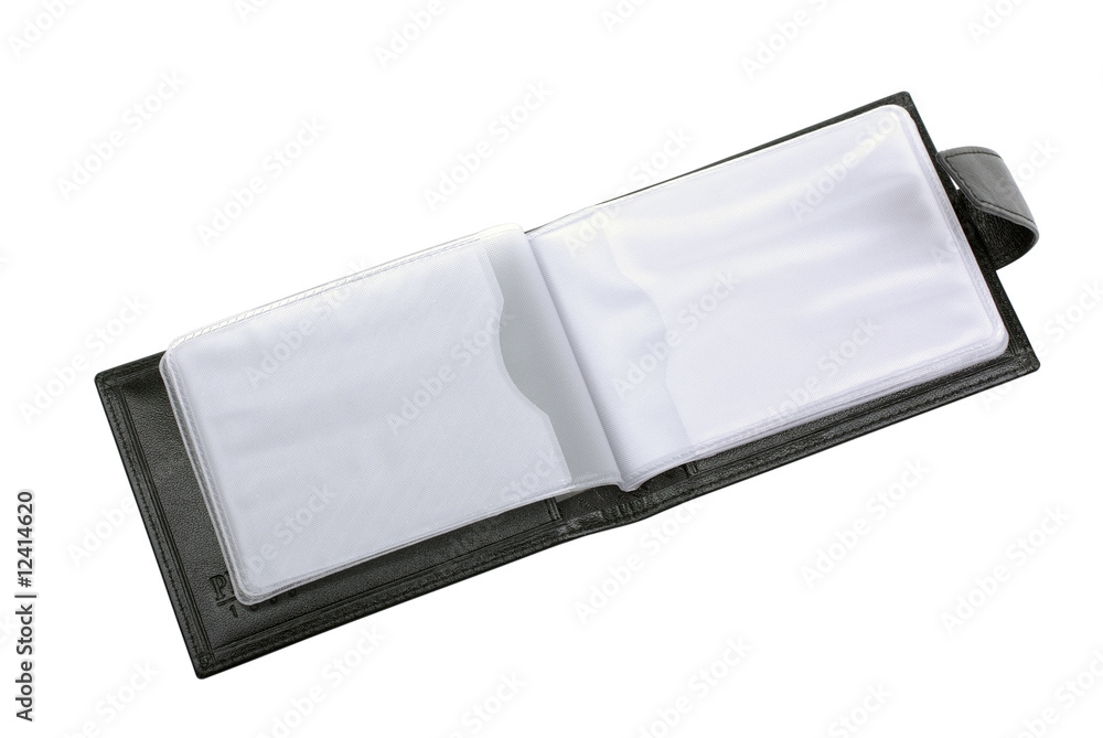 Opened black leather business card holder isolated on white back Opened black leather business card holder isolated on white back