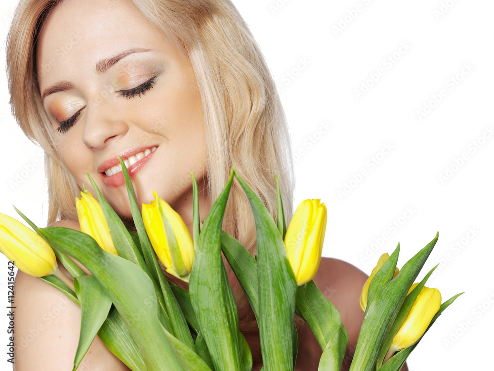 Portrait of the girl on a white background with yellow flowers t Portrait of the girl on a white background with yellow flowers t