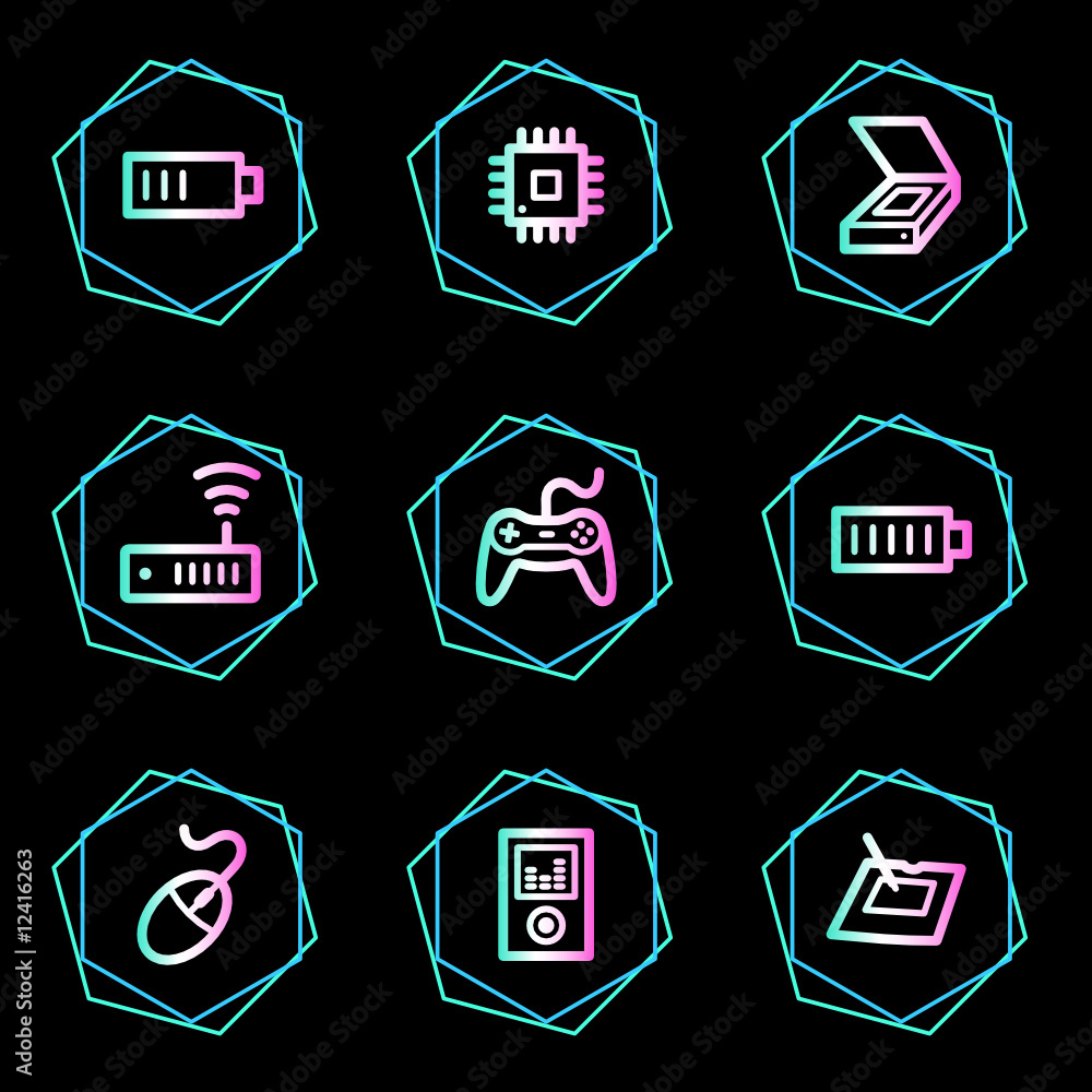 Electronics web icons, neon contour series set 2 Electronics web icons, neon contour series set 2