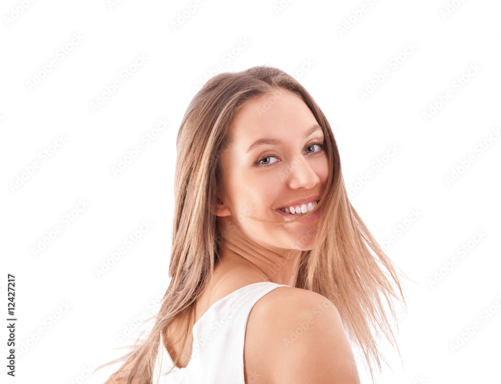 Bright portrait of happy girl over white Bright portrait of happy girl over white