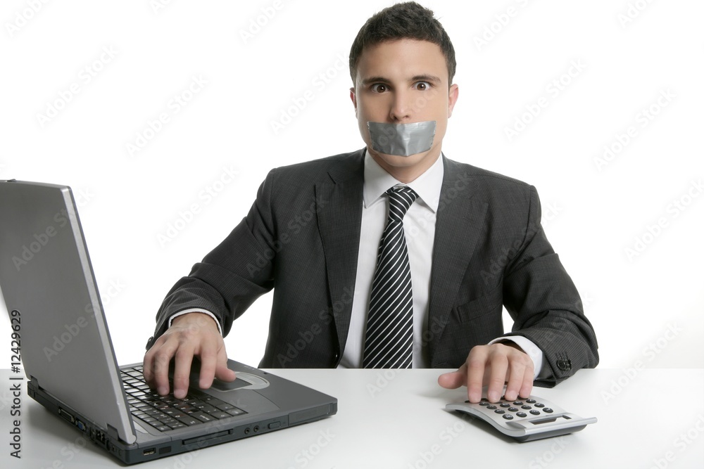 Silence with tape on mouth, businessman office Silence with tape on mouth, businessman office