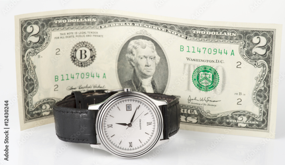 Time and money - hand watch with 2-dollar bill Time and money - hand watch with 2-dollar bill