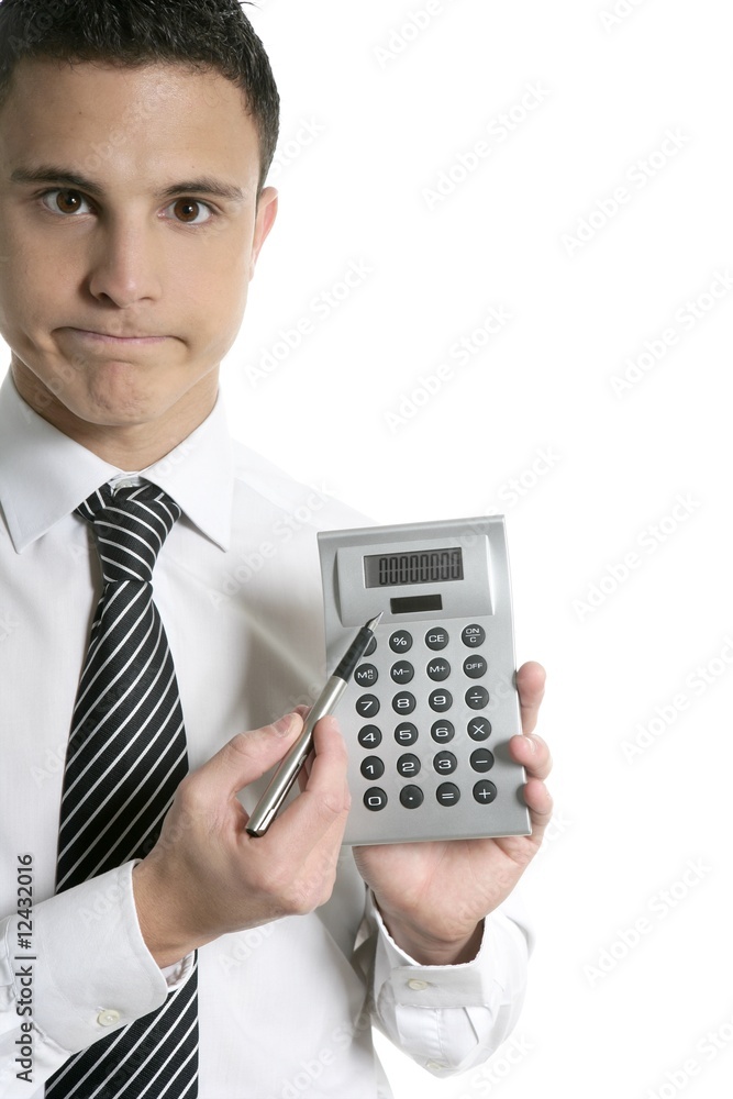 Businessman with calculator showing reports Businessman with calculator showing reports