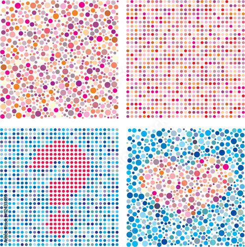 Red and dark blue circles form symbols