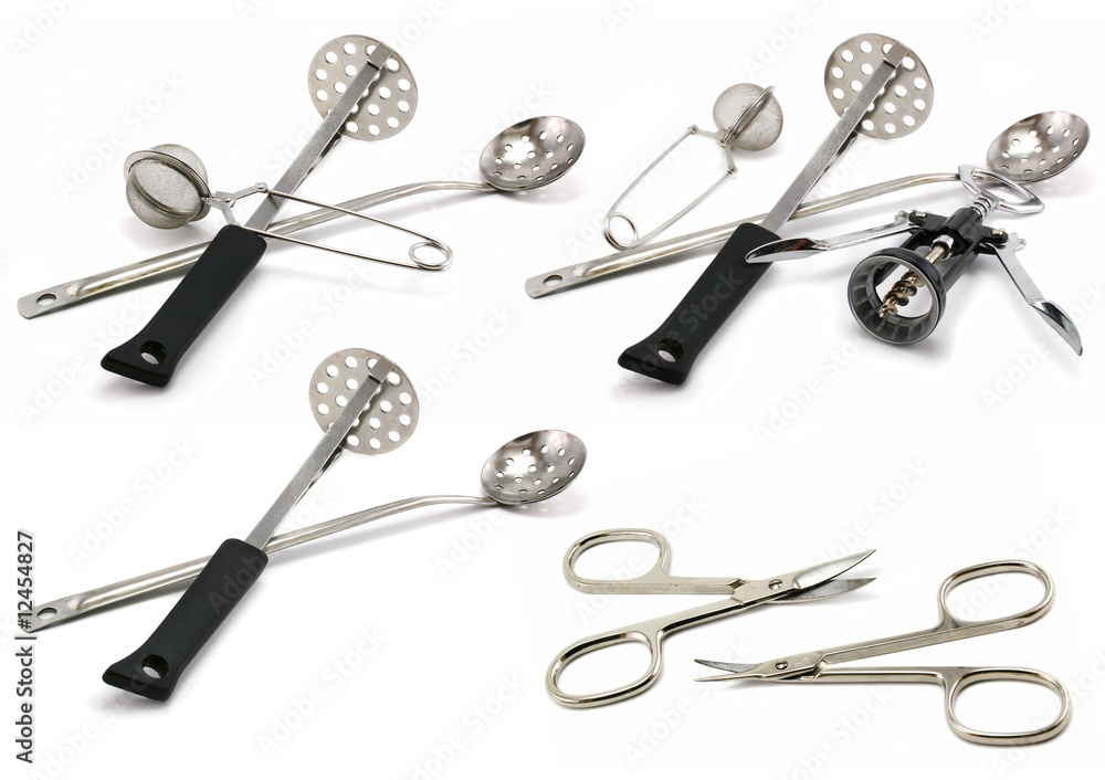 Set of steel tableware isolated Set of steel tableware isolated