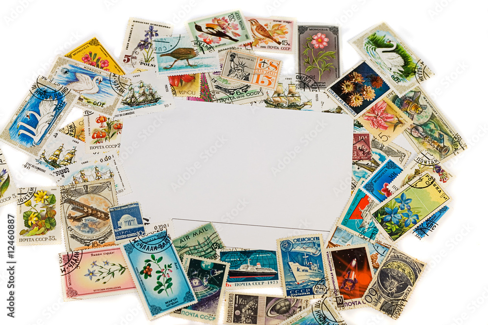 blank postcard with vintage stamps