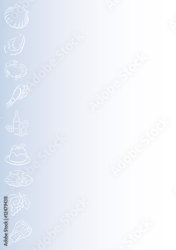 blue gradient background with a border of white food symbols