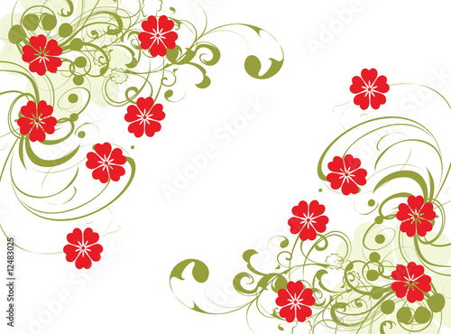 coin floral vert et fleurs rouges