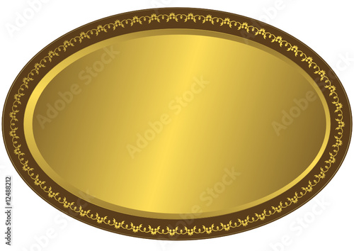Oval metal volumetric plate with vintage an ornament on edges