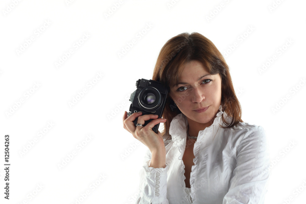 young woman with old camera isolated on white background young woman with old camera isolated on white background