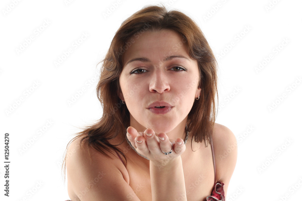 Girl in evening dress send a kiss isolated on white background Girl in evening dress send a kiss isolated on white background
