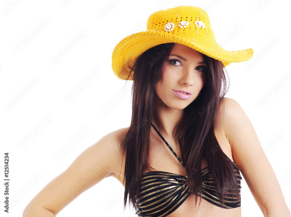 beautiful sexy woman in yellow hat and bikini beautiful sexy woman in yellow hat and bikini