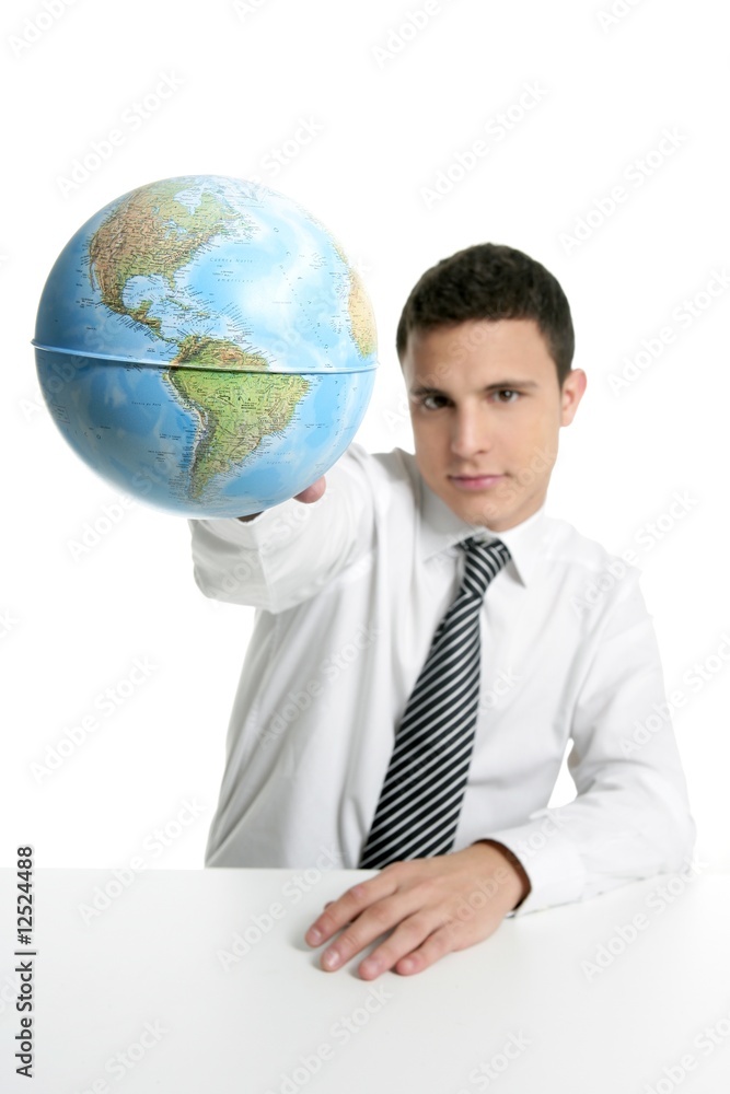 Businessman play with global map sphere Businessman play with global map sphere