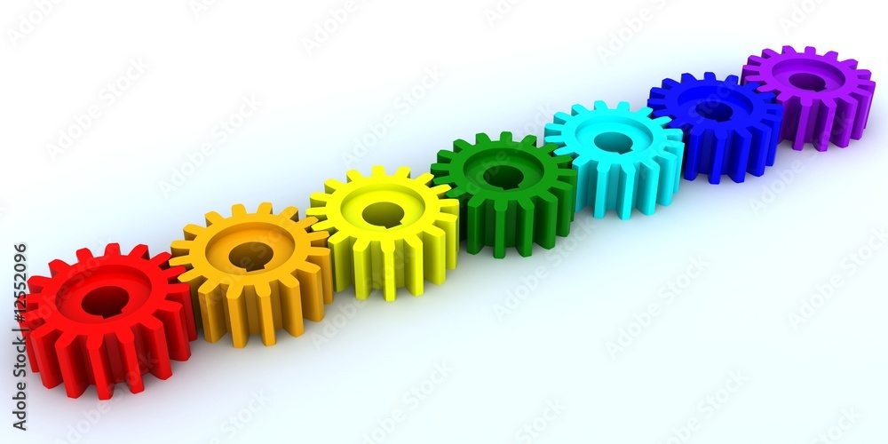 Seven gears from plastic of seven primary colours of a rainbow