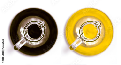 balsamic vinegar and olive oil twin bottles top view
