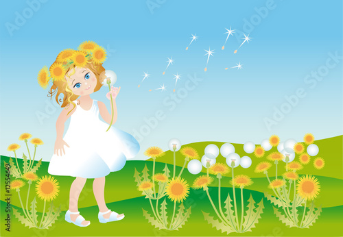 girl on to the meadow with dandelions