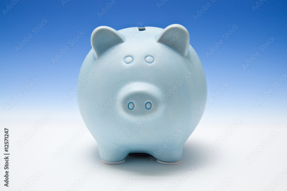 Blue piggy bank style money box. Blue piggy bank style money box.