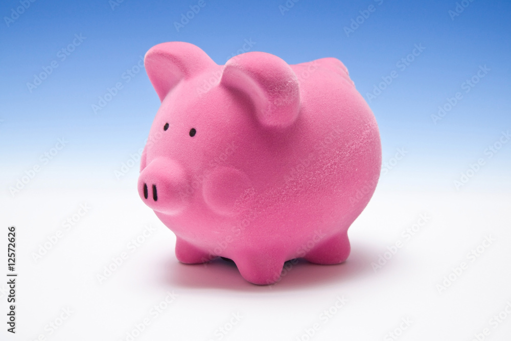 Piggy bank style money box on a blue studio background.