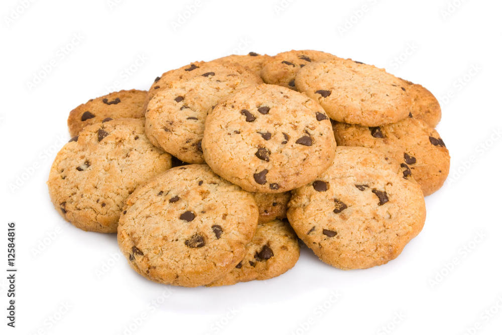 Pile of chocolate chip cookies isolated on white background.