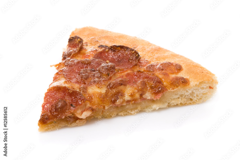 pepperoni pizza slice isolated on white background.