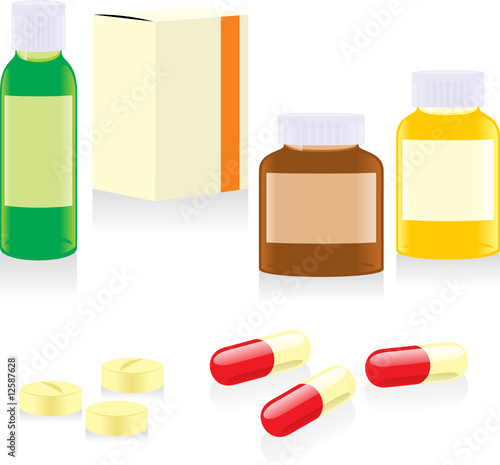 isolated painkillers bottles, carton boxes and pills