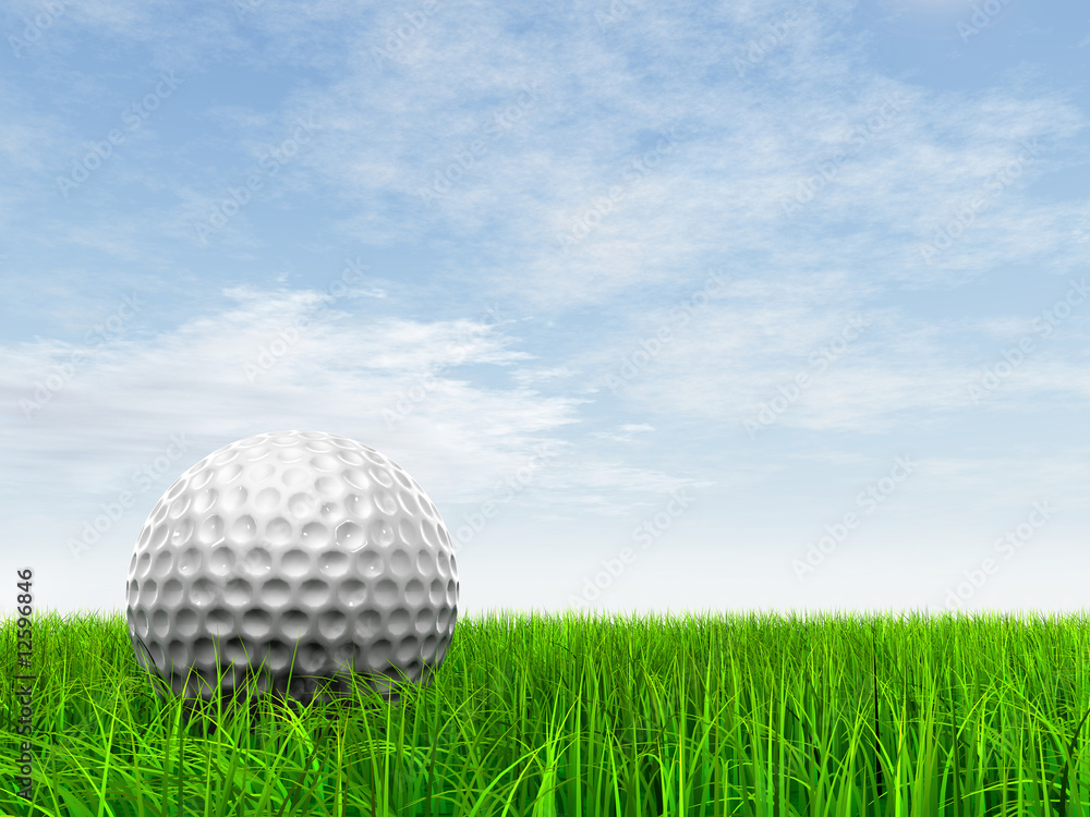 conceptual 3D golf ball on green grass over a blue sky conceptual 3D golf ball on green grass over a blue sky