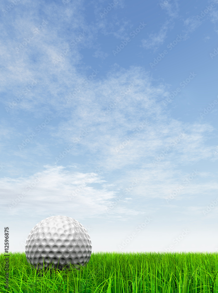 conceptual 3D golf ball on green grass over a blue sky conceptual 3D golf ball on green grass over a blue sky