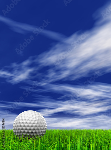 conceptual 3D golf ball on green grass over a blue sky