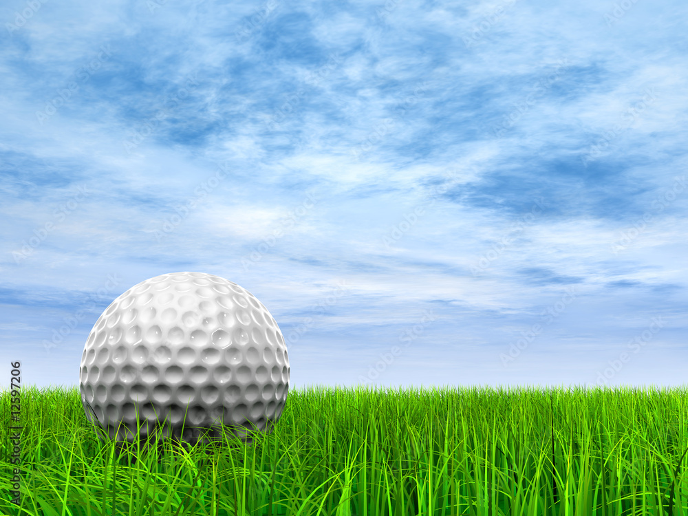 conceptual 3D golf ball on green grass over a blue sky conceptual 3D golf ball on green grass over a blue sky
