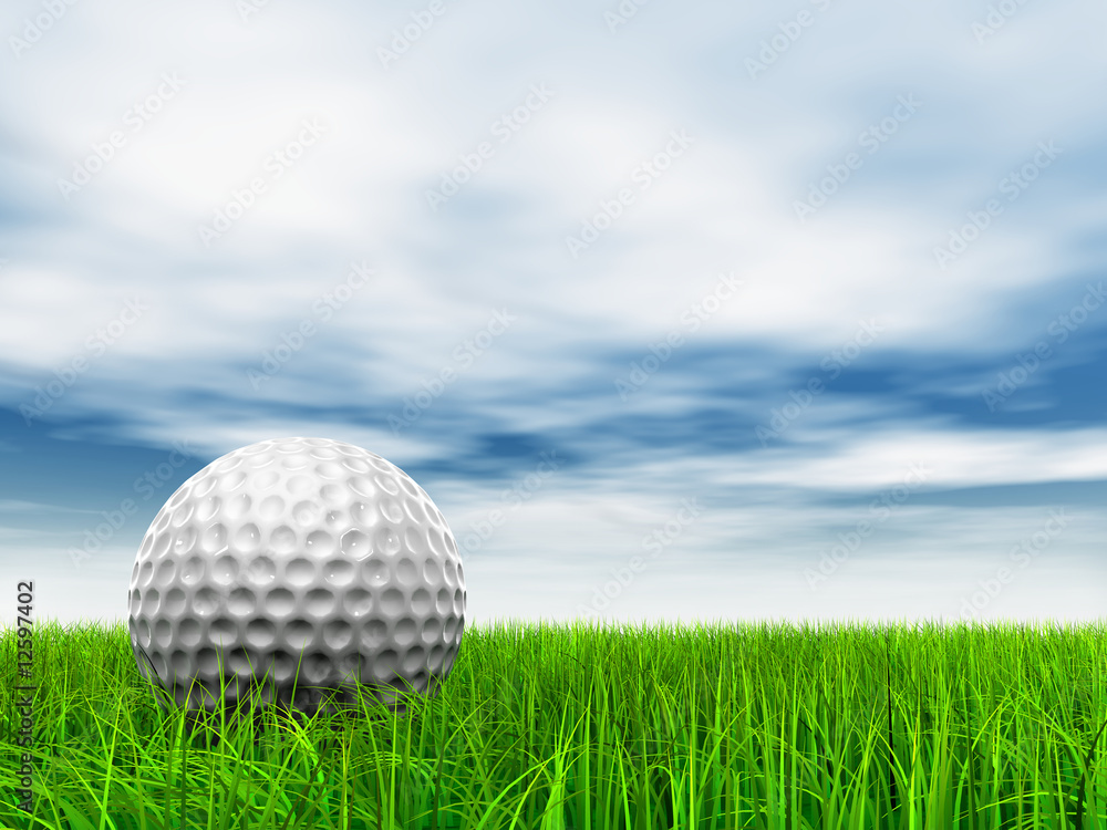 conceptual 3D golf ball on green grass over a blue sky conceptual 3D golf ball on green grass over a blue sky