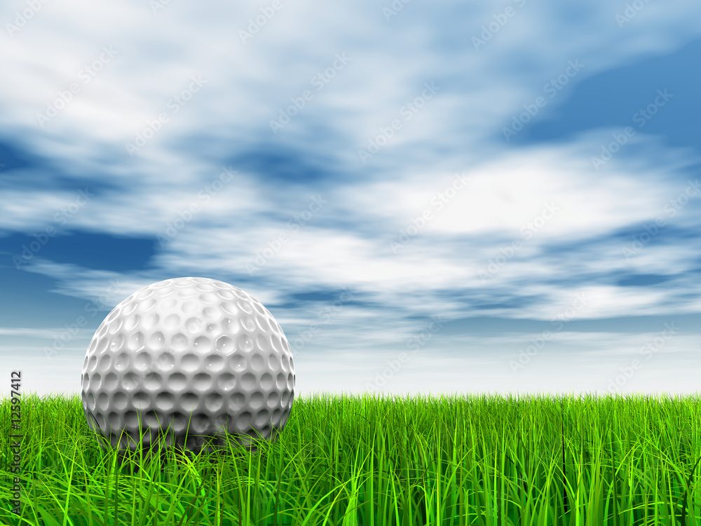 conceptual 3D golf ball on green grass over a blue sky conceptual 3D golf ball on green grass over a blue sky