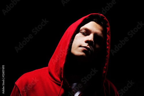 hip-hop man in red hood