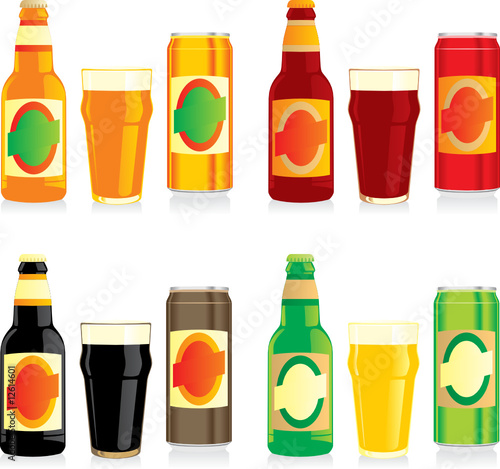 isolated different beer bottles, glasses and cans