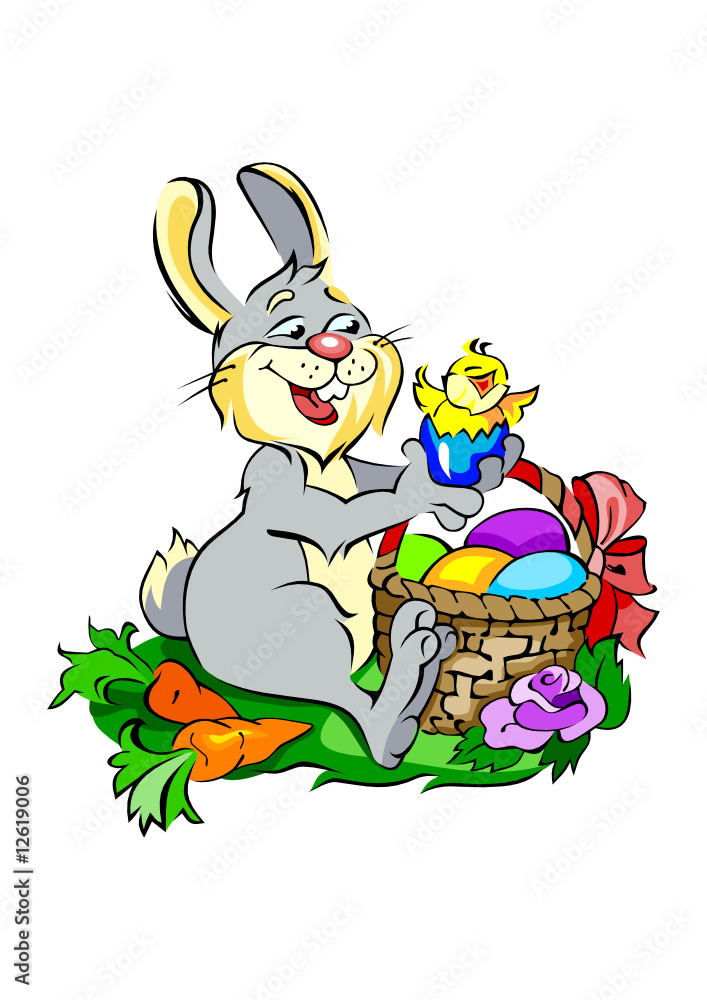 Cute bunny with Easter eggs and a chick