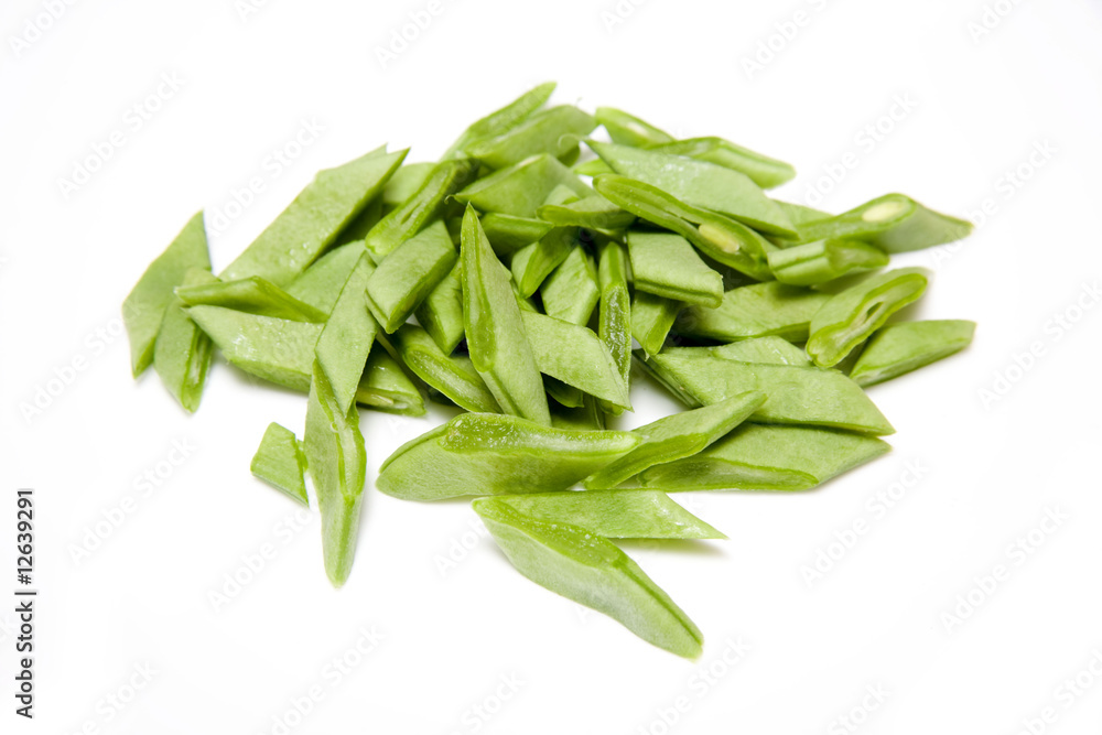 Sliced green beans on a white studio background. Sliced green beans on a white studio background.
